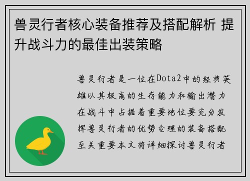 兽灵行者核心装备推荐及搭配解析 提升战斗力的最佳出装策略